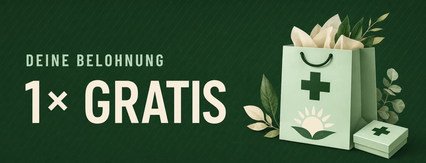 Belohnungsgrafik der Sonnenblatt Apotheke mit dem Text Deine Belohnung 1× GRATIS neben einer Papiertragetasche mit Apothekenkreuz.