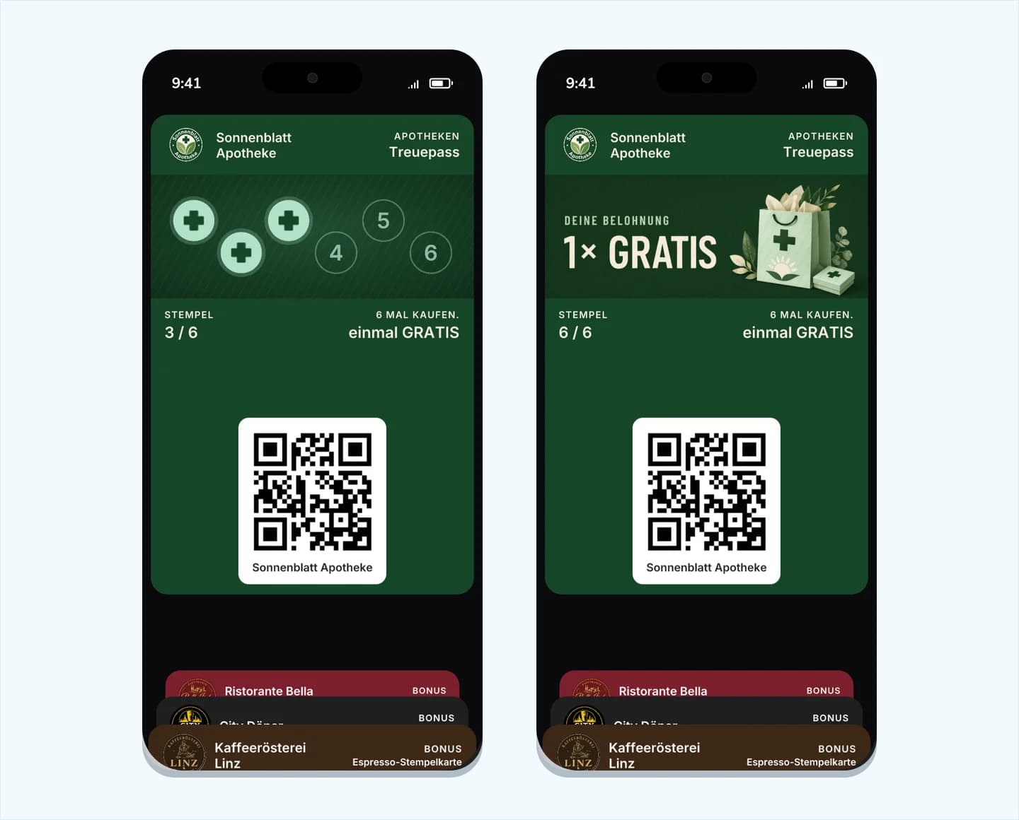 Zwei Smartphone-Bildschirme nebeneinander mit dem digitalen Apotheken Treuepass der Sonnenblatt Apotheke: links drei von sechs Stempeln, rechts die volle Karte mit der Belohnung 1× GRATIS.