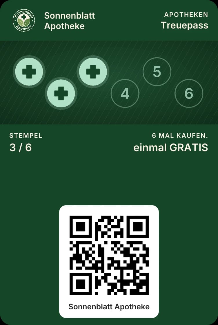 Apotheken Treuepass der Sonnenblatt Apotheke mit drei von sechs Stempeln und dem Hinweis 6 mal kaufen, einmal gratis.