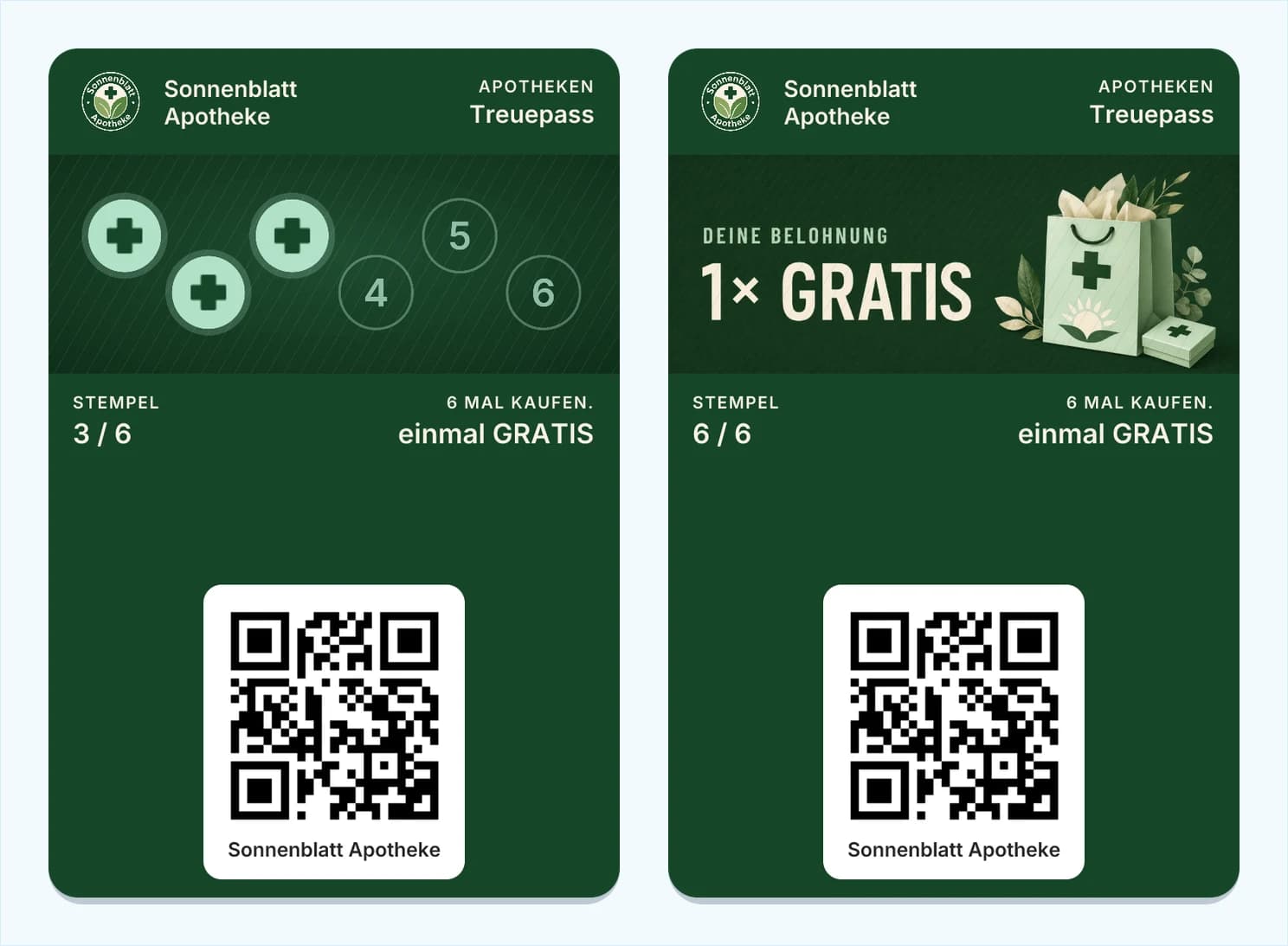 Zwei Ansichten derselben Wallet-Karte: links der Sonnenblatt Apotheken Treuepass mit drei von sechs Stempeln, rechts die volle Karte mit der Belohnung 1× GRATIS.