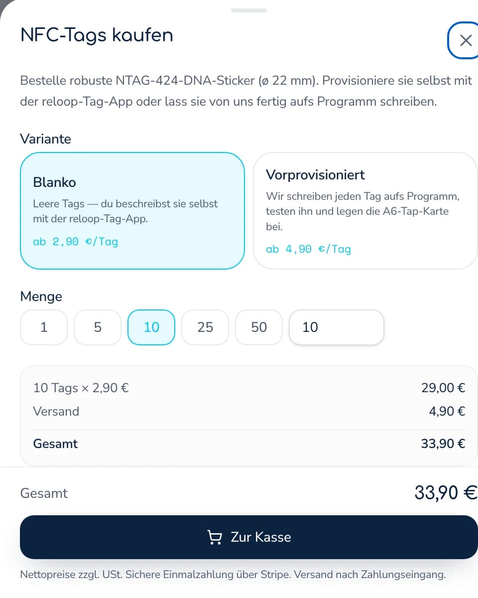 Auswahl zwischen Blanko- und vorprovisionierten NTAG-424-DNA-Tags im reloop Dashboard
