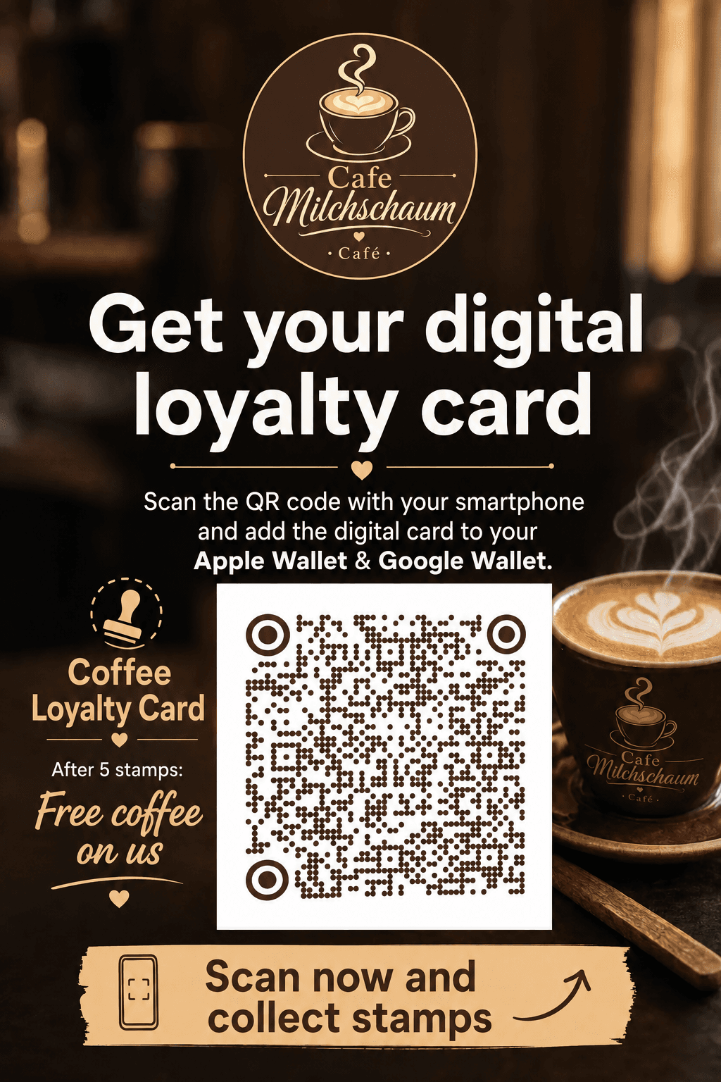 Example of an AI-generated table-stand flyer for a café — logo, styled QR code and a "Your 10th coffee is on the house" reward in a warm coffeehouse layout.