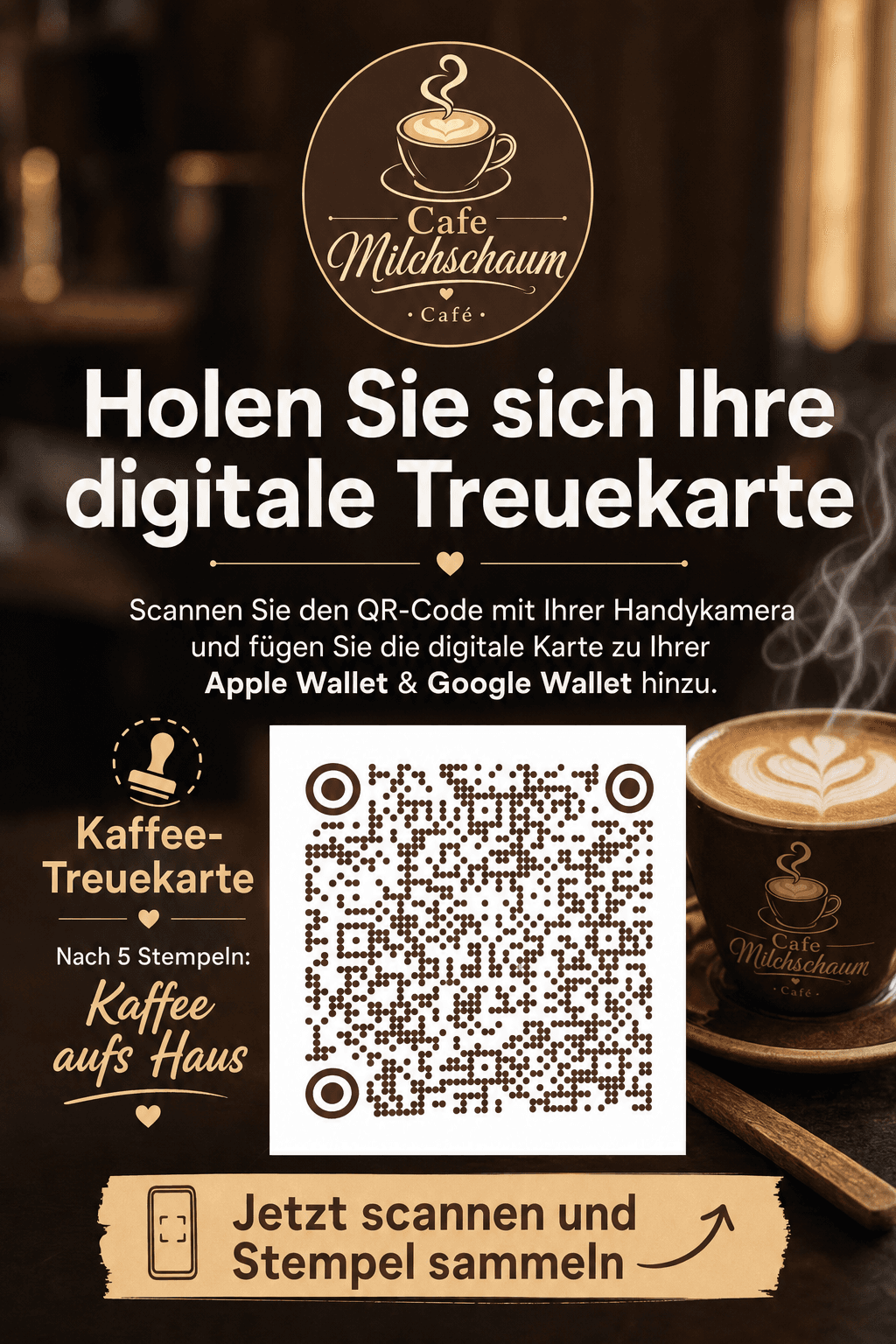 Beispiel eines KI-generierten Tischaufsteller-Flyers für ein Café — Logo, gestylter QR-Code und „Nach 5 Stempeln: Kaffee aufs Haus"-Belohnung in einem warmen Coffeehouse-Layout.
