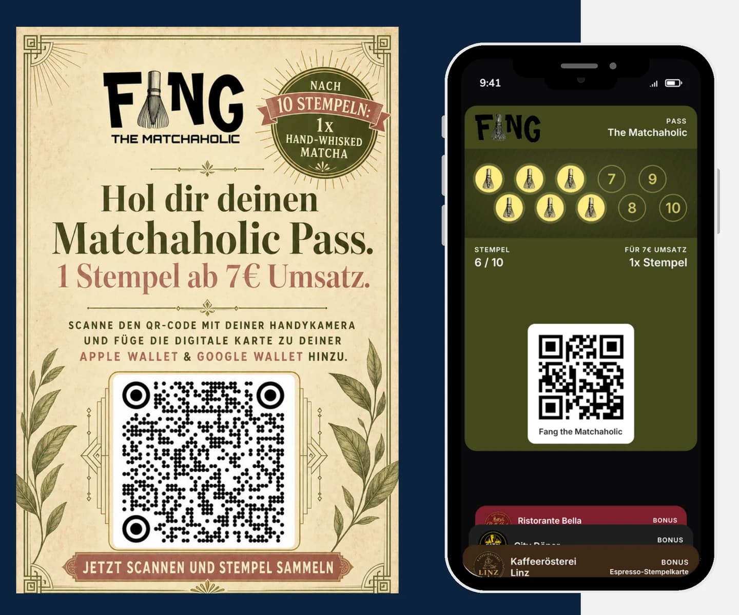 Links ein gedruckter Aufsteller mit QR-Code für den „Matchaholic Pass“, rechts das Smartphone mit der zugehörigen Wallet-Karte und 6 von 10 Stempeln.