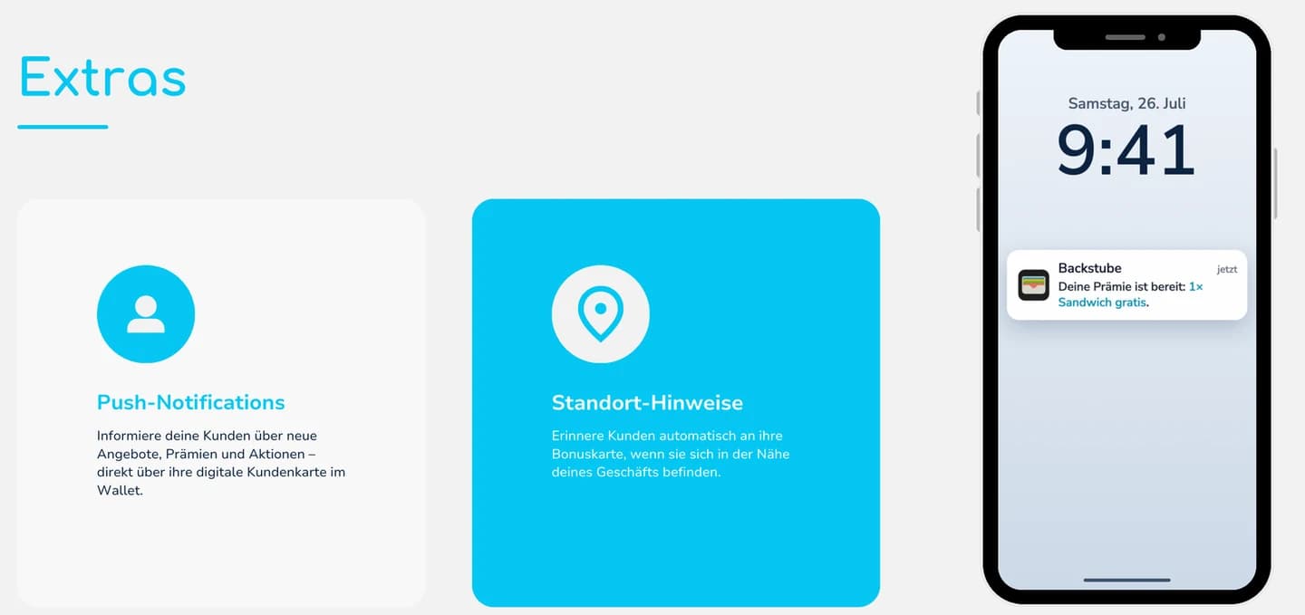 Zwei Info-Kacheln „Push-Notifications“ und „Standort-Hinweise“ neben einem Smartphone-Sperrbildschirm mit der Mitteilung „Deine Prämie ist bereit: 1× Sandwich gratis“.