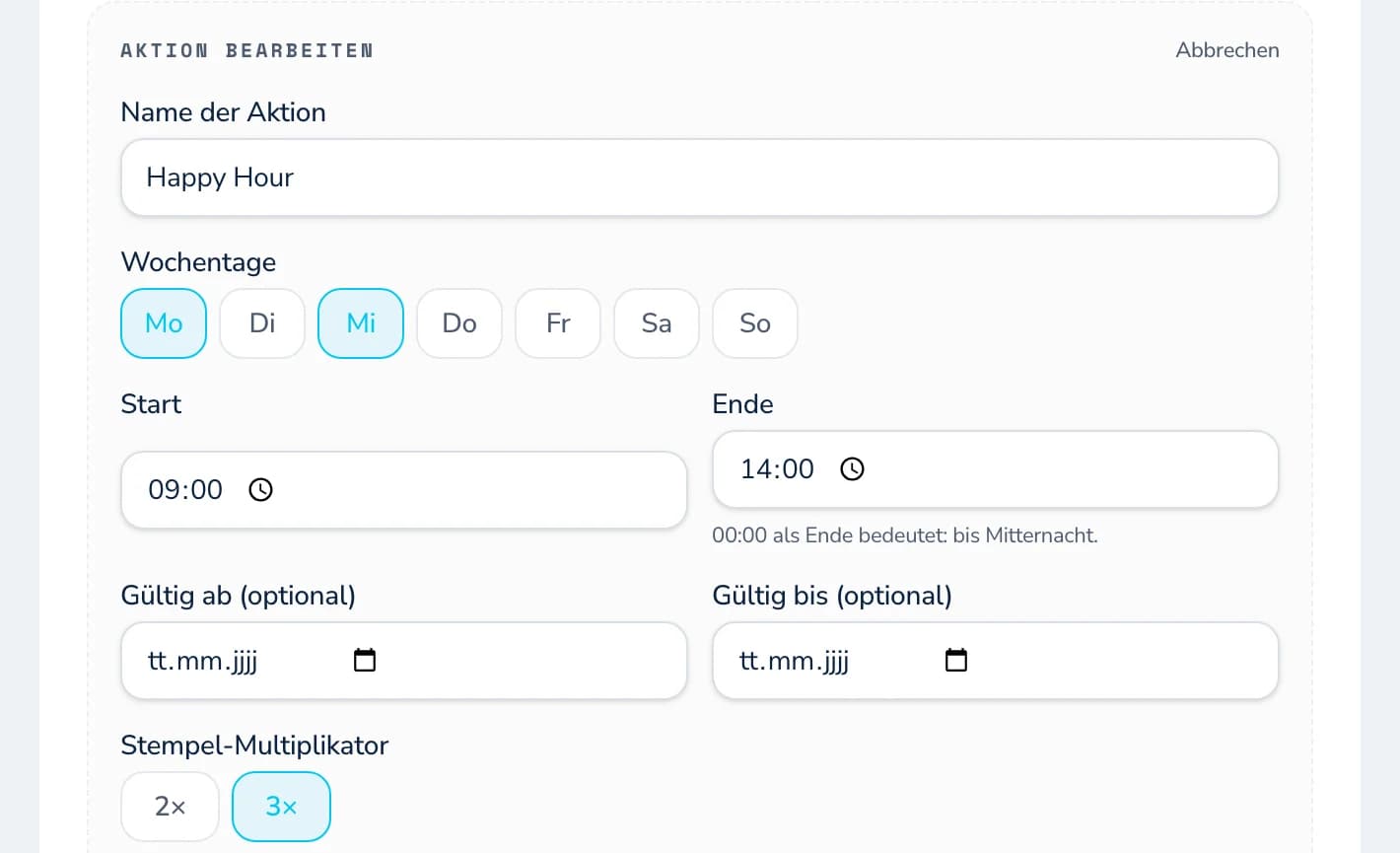 Formular für eine 3×-Stempel-Aktion mit Wochentagen, Uhrzeit und Gültigkeitszeitraum