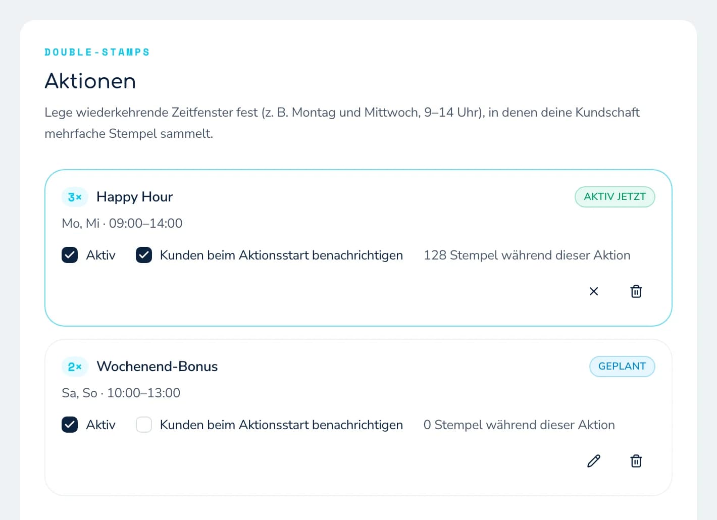 Übersicht geplanter und aktiver 2×- und 3×-Stempel-Aktionen im reloop Dashboard